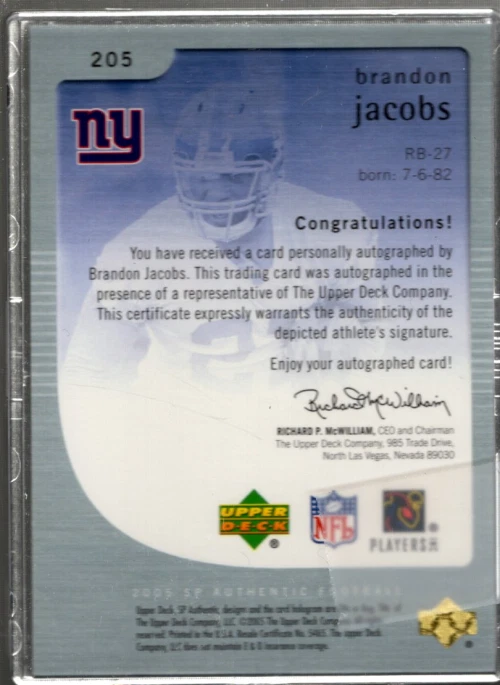 A2829- 2005 SP Authentic #205 Brandon Jacobs RC Auto /850  - Image 2 of 2