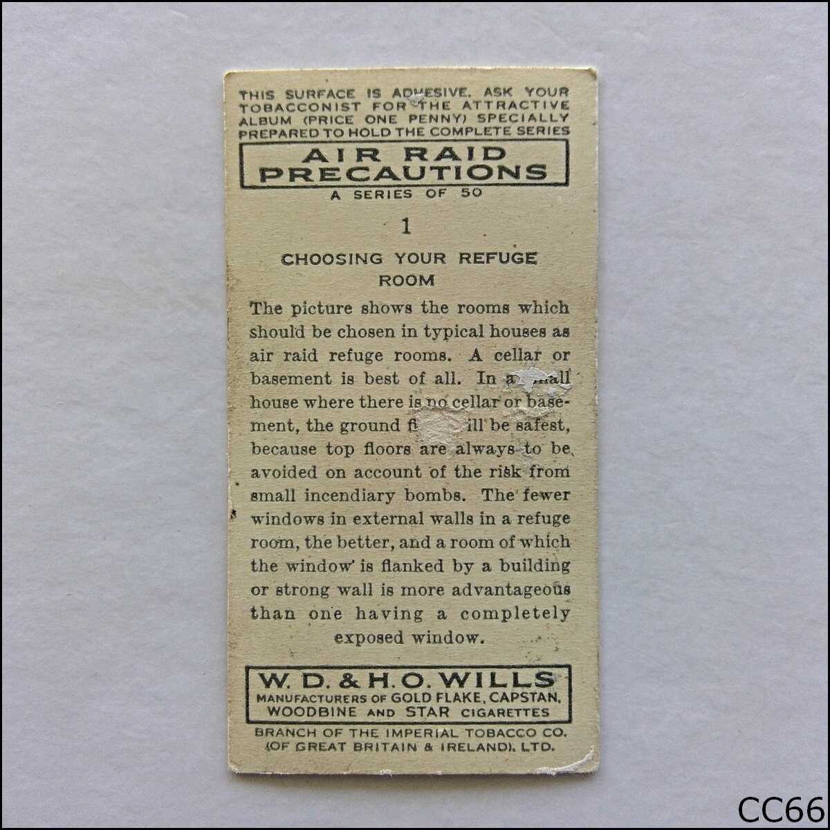 Wills Air Raid Precautions 1938 Cigarette Card #1 Choosing Refuge Room  (CC66)