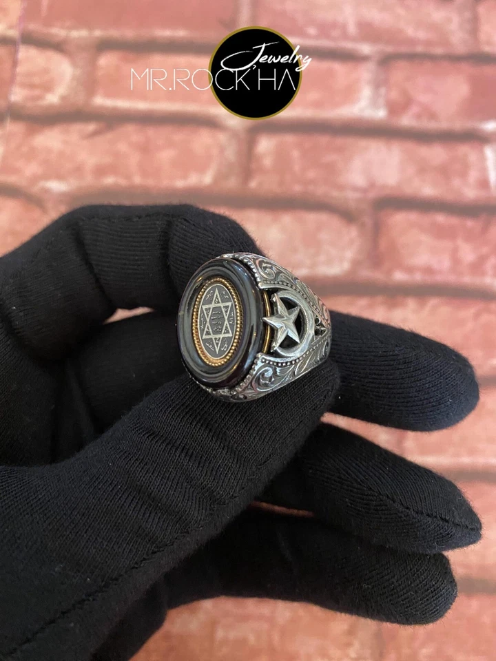 Печать царя Соломона, черный янтарь камень, ручной работы гравировка, 925K серебро мужское кольцо - Изображение 2 из 4