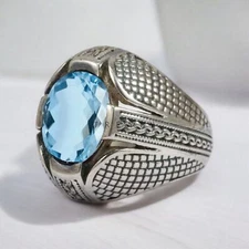 Aquamarine Oval Cut Gemstone With 925 Sterling Silver Ring For Men's #704