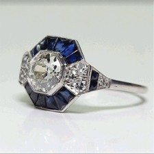 Rings Silver Plated 2.45CT Blue Sapphire Art Deco Engagement Gems Wedding