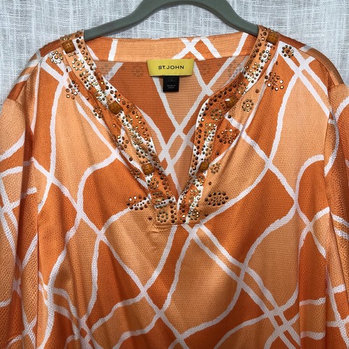 St. John Embellished Top L Silk Blend Peplum Blouse Geometric Print Bell Sleeve - Picture 2 of 13