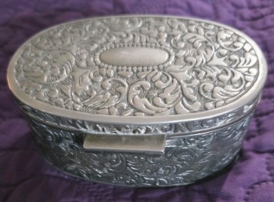 Vintage Silver-Colored Metal Trinket/Jewelry Box with Red Lining