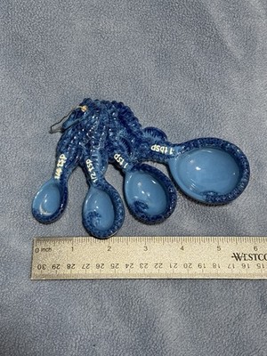 Blue Seahorse Measuring Spoons Set 4pc w/ Ring Marked 1/4 1/2 1 tsp 1 tbsp