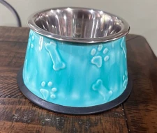 Blue / Silver Decorated Food Metal 8” Pet Dog Cat Bowl  Slip Resistant Bottom
