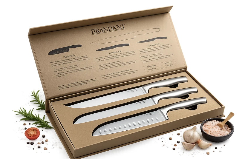 Set 3 Coltelli da Cucina in Acciaio Inox BRANDANI Santoku Professionali OFFERTA, fotografia 10 di 12