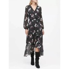 Banana Republic Floral Wrap Dress Black Long Sleeve Ruffle High Low Midi Size 4