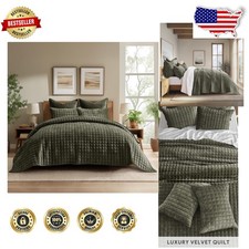 Luxury Velvet Quilt King Set Olive Green, Oversized Comforter, Ultra Soft All...