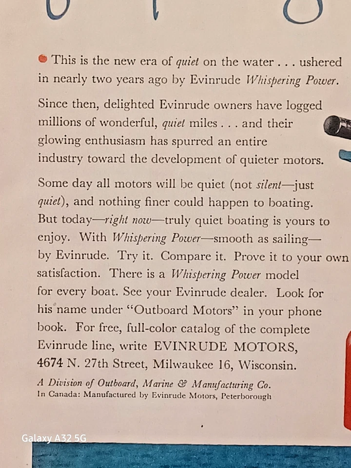 Barco de pesca de colección motor Evinrude fueraborda anuncio campo y corriente febrero 1955 Foto 2 de 3