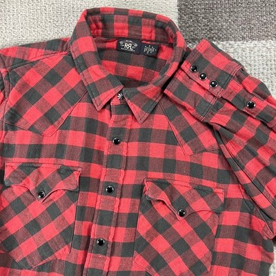 RRL Ralph Lauren Womens Red Black Buffalo Plaid Western Pearl Snap Shirt Size 4