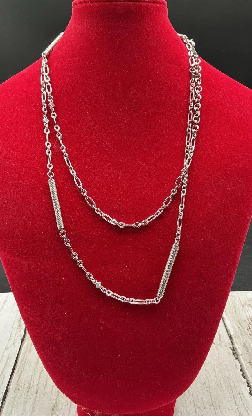 Elegant Long Silver Link Chain Necklace with Detailed Textured Bar Accents 34”