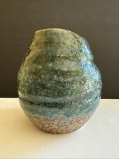 Fat Lava Pottery Vase Green Brown Wabisabi Bubble Ceramic Pebbled 7?