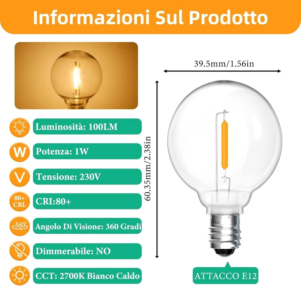 25 Pezzi Lampadina LED G40 E12 1W Esterno Ricambi, Bianco Caldo 2700K, 100LM,... - Immagine 4 di 4