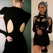 Women Sexy Mini Dresses Casual Slim Simple High Street Hollow Out Black Dresses