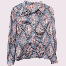 70s Vintage Button Down Long Sleeve Shirt Funky Geometric Print One Size