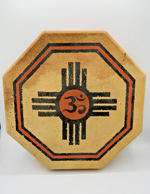 Vintage Native American Rawhide Hand Drum W/Zia Sun Symbol & Om Symbol