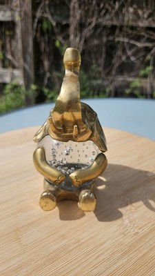 Vintage Brass And Glass Elephant Paperweight Control Bubbles Trunk Up Good Luck