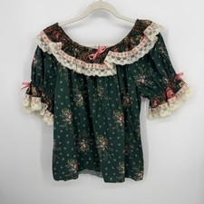 VTG 80s Square Up Fashions Classic Lace green floral Square Dance Blouse sz L