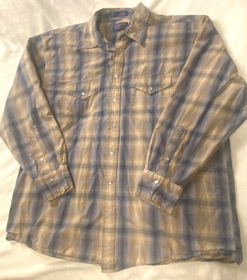 Vintage Pendleton Western Pearl Snap Shirt XL Cotton Blue Tan Plaid Hong Kong