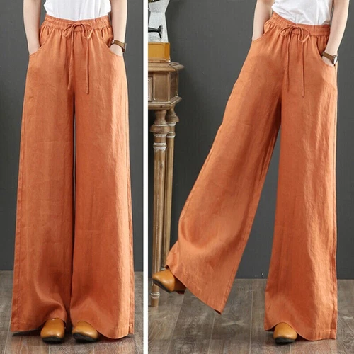 Summer Womens Cotton Linen Baggy Long Trousers Elastic High Waist Wide Leg Pants - Picture 7 of 31