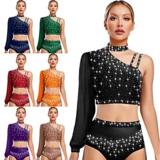 Women Crop Top Stage Performance Shirt Lyrical Blouse Dancewear Workout Ballet