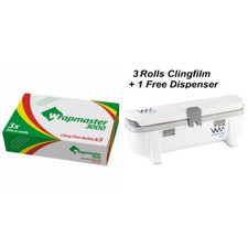 Wrapmaster 3000 Clingfilm 12" 3x 300m Rolls + Free Dispenser - Food Wrap Refill