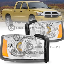 For 2005-2007 Dodge Dakota Headlights Chrome Amber Pair Headlamps Assembly