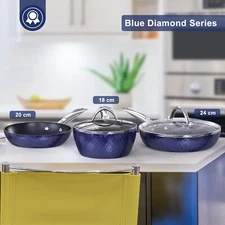 Nonstick Frying Pan Set 3Pieces Blue 3D Diamond Cookware 18cm/20cm/24cm