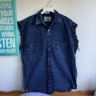 Roglins Mens Denim Sleeveless Collared Buttondown Jean Vest Riding Biker