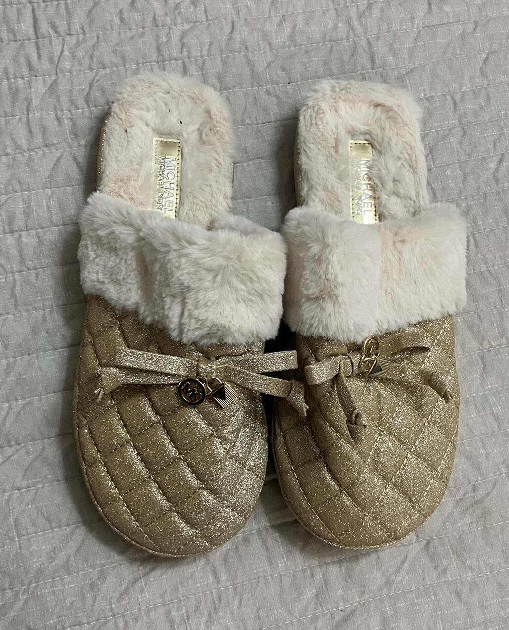 PANTOFOLA D’ORO sandali michael kors mk carter oro glitter pelliccia sintetica taglia 9