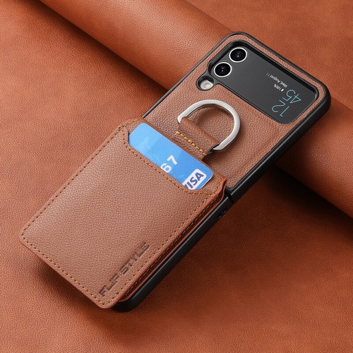 Custodia con slot per schede per Samsung Galaxy Z Flip6 Flip5 Flip4 3 cover ad anello in pelle - Foto 13 di 20