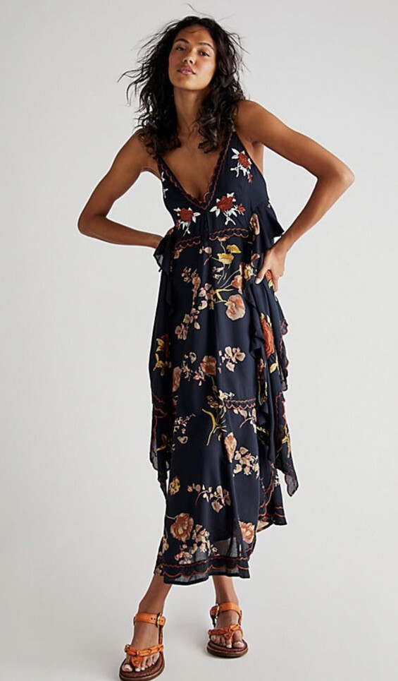 Free People Audrey Embroidered Ruffles Tie Asymmetrical Maxi Dress L | eBay