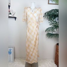 En Saison Window Pane Sheer Maxi Wrap Dress in Yellow Checker SIZE M