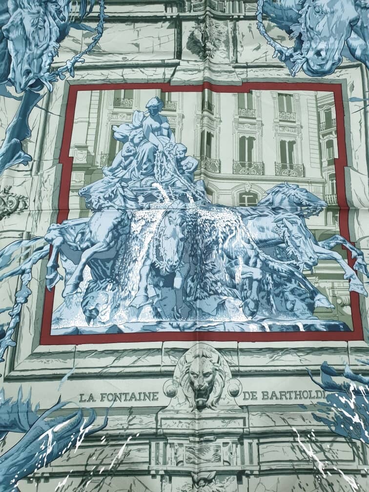 Authentic Hermes Silk Scarf “LA FONTAINE DE BARTHOLDI” By RYBAL 90x90cm
