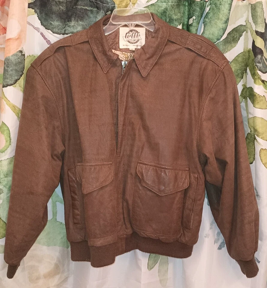 Chaqueta de vuelo bombardero de cuero marrón vintage de los años 80 para hombre/mujer talla mediana