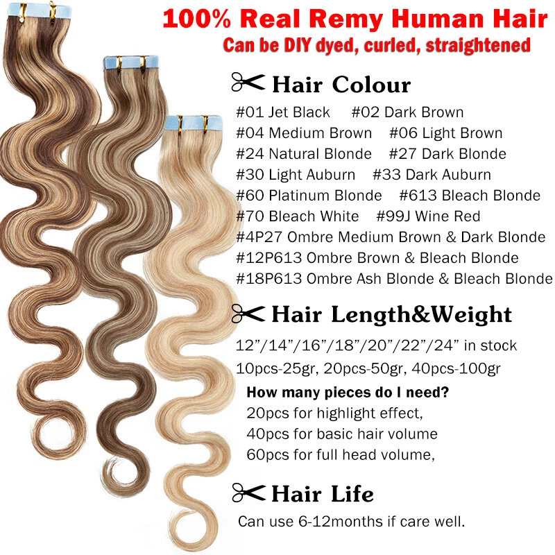 Cinta gruesa de cabeza completa de 150 g de EE. UU. en extensiones de cabello humano real trama de piel ondulada T Foto 2 de 4