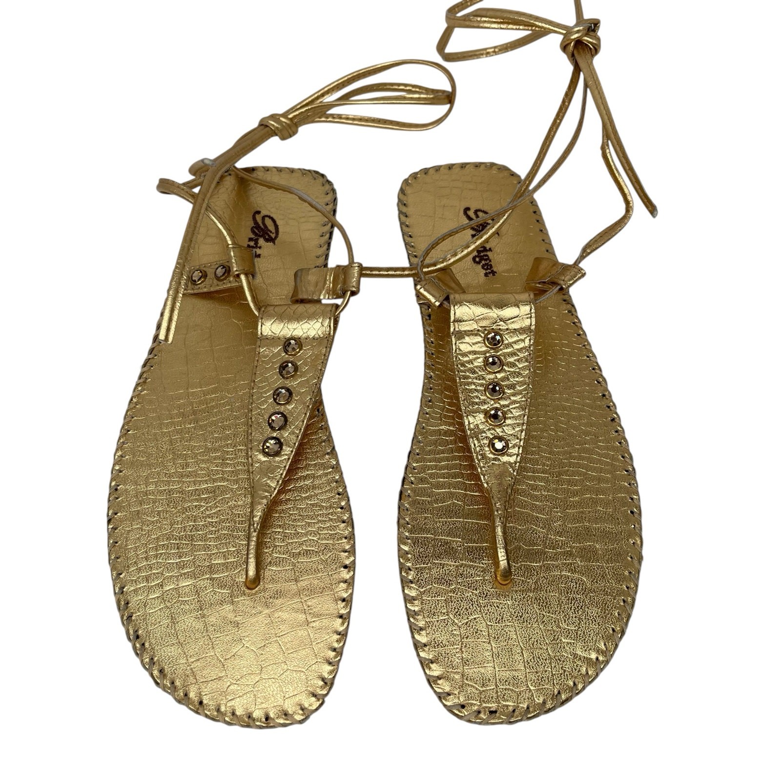 Sandalias Bridget Oro Cocodrilo Cuero Repujado Con Cordones 9 Hechas en Brasil Gladiador