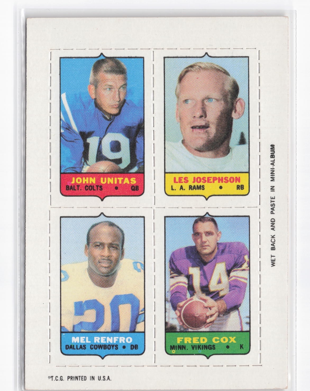 John Unitas / Les Josephson / Mel Renfro / Fred Cox 1969 Topps Four-in-One #NNO