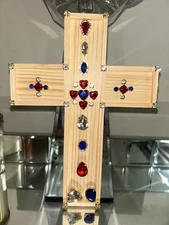 9 inch red, white and blue wooden rhinestone Wall Cross Decor, Christian Cross