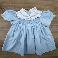 Vintage Cherubs Girls Smocked Baby Dress Blue Flowers Collar Bow Floral