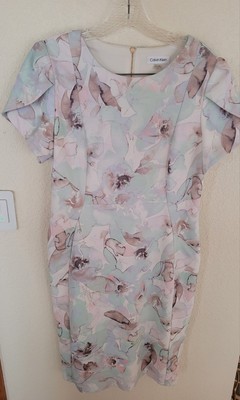Calvin Klein Tulip Sleeved Sheath Dress Women's Size:12 39''L 34''W Floral Pastel