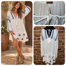 FREE PEOPLE White Gauze Embroidered Ruffle Tasseled Mini Dress Women M Peasant