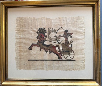 Signed Hand Painted Ancient Egyptian Papyrus King Tut Chariot Battle Framed