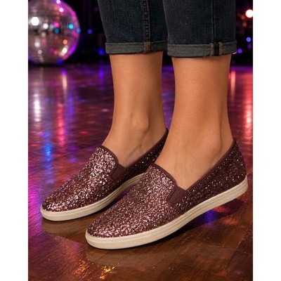 BIRDIES Women's Size 12 Rose Gold Glitter Slip-on Loafers -2644/A1