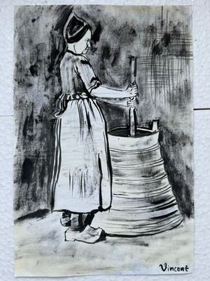VINCENT VAN GOH drawing and painting on old paper signed stamped vintage