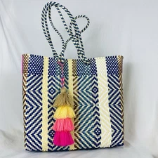 Oaxaca Mexico Hand Woven Recycled Plastic Medium Market / Beach / Tote Bag w/Pom