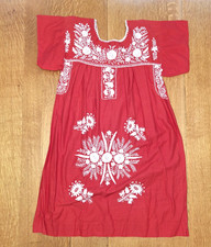 Vintage Oaxacan Mexican Dress S-M Red w/ White Embroidery 1970s