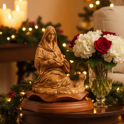 Virgin Mary with Sleeping Christ Child 8.1'', Carved from the Holy Land Olive Woo
