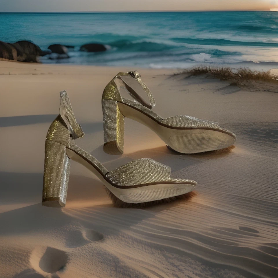 Sandalias discoteca Betsey Johnson 11M doradas glamurosas 4 pulgadas tacón 9UK 43EU tiras punta abierta Foto 2 de 4