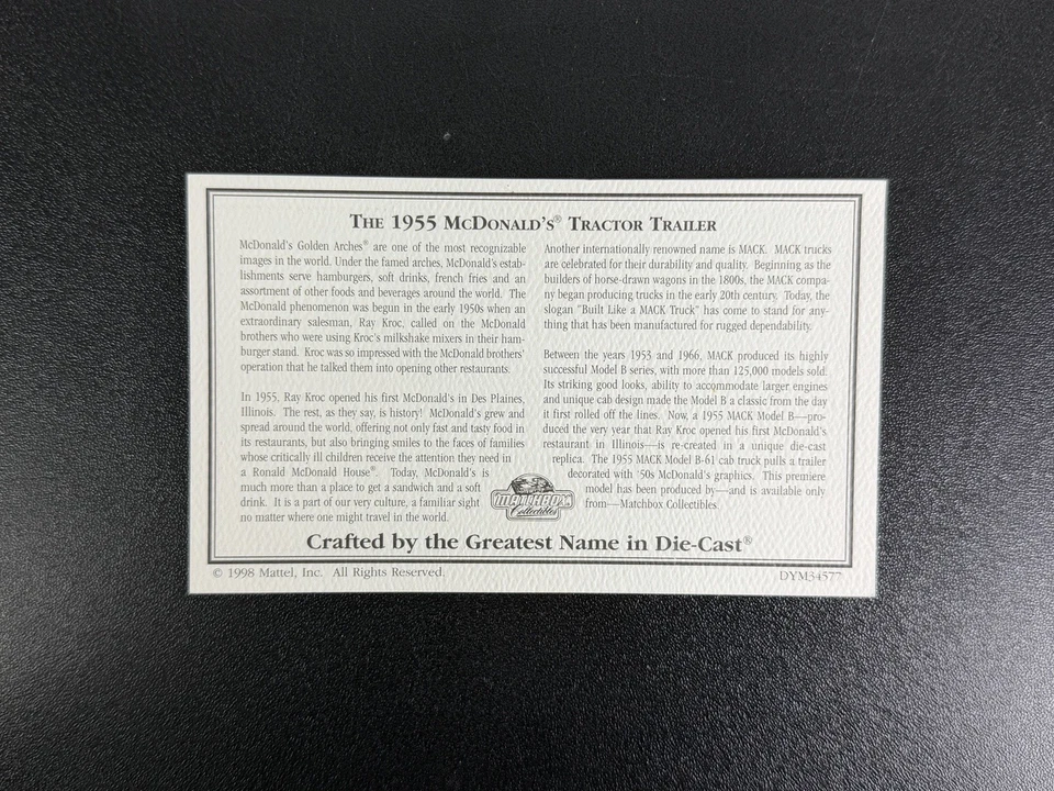 Tractor Trailer 1955 McDonald’s Diecast Truck 1998 Dinky Matchbox - NEW NOS - Image 2 of 4